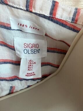 Singrid Olsen Top Button 100% Linen Red White Blue Stripe Nautical Coastal Large